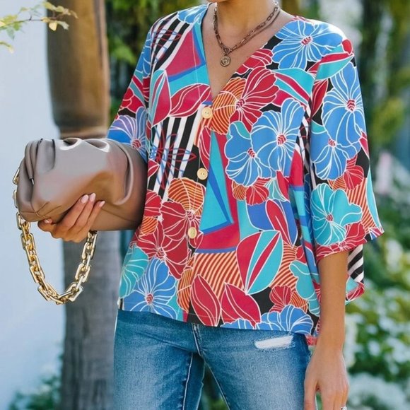 Boho Floral Print Blouse BLUE - Picture 6 of 7
